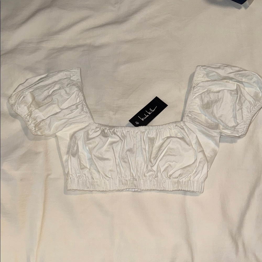Nicole Miller White Puff Sleeve Crop Top